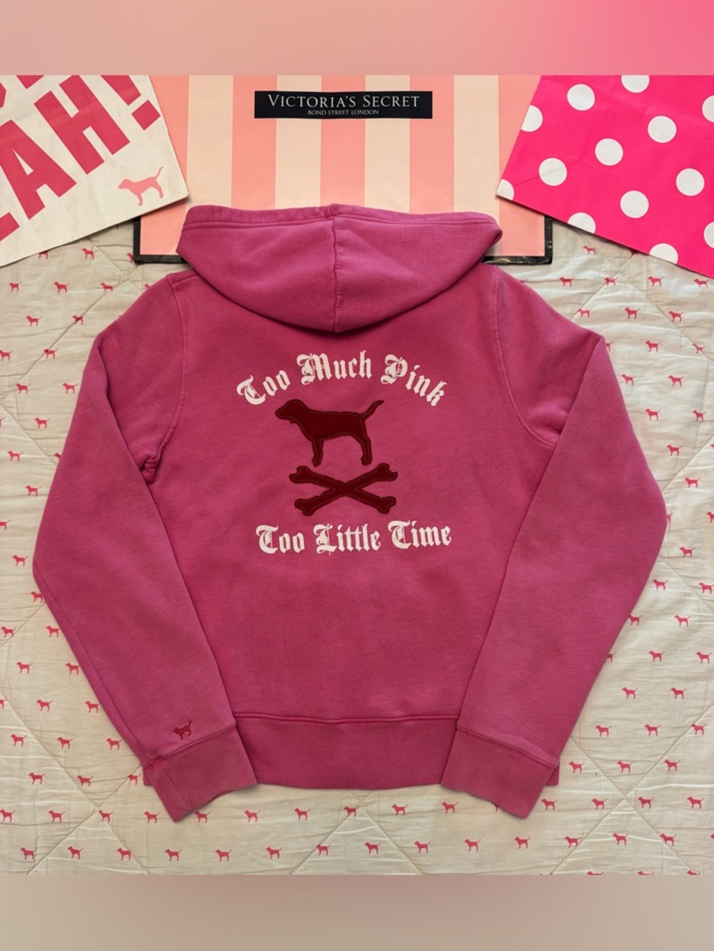 VS PINK VINTAGE Y2K FULL ZIP HOODIE SWEATSHIRT PATCH CROSSBONES DOG PUP LOGO HTF